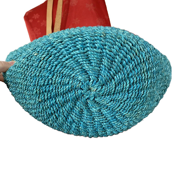 Unique Woven Bucket Market Bag Tote Purse Aqua Blue Shoulderbag Leather Straps - Picture 5 of 8